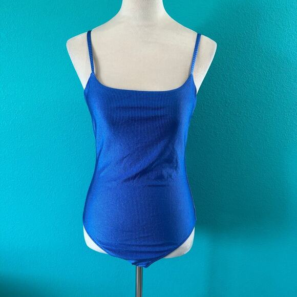 NWT Aerie Shine Rib Strappy Scoop Full Coverage One Piece Swimsuit Blue - Picture 3 of 7